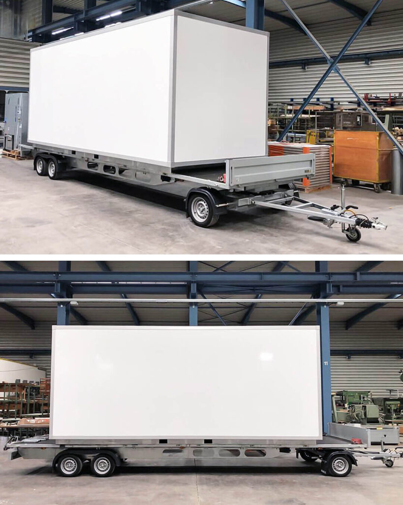 Stedele Miet-Drehschemelanhänger 8 m Länge und 2,15 t Nutzlast im Einsatz für CubeConceptHouse Transport nach Barntrup